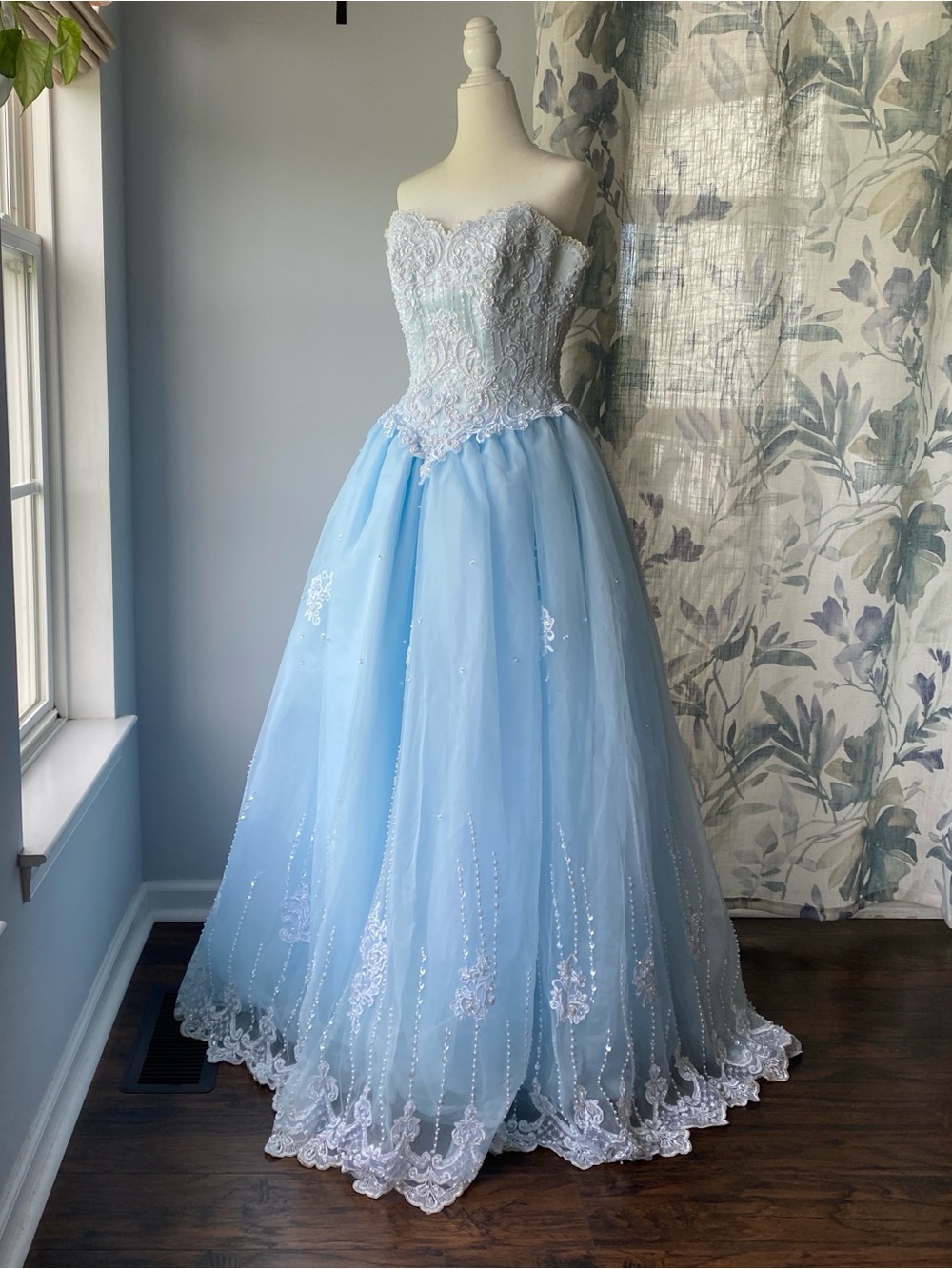 Vintage 90s Mary’s Bridal Beaded Lace Corset Tulle Formal Gown Maxi Prom Dress